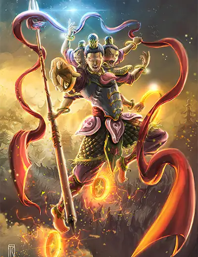 Nezha luchando contra los dragones, mitología china